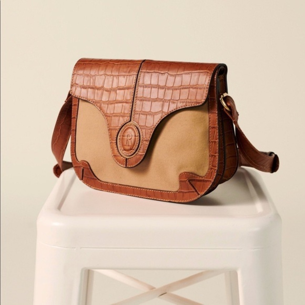 Croc-Embossed Tan and Brown Shoulder Bag